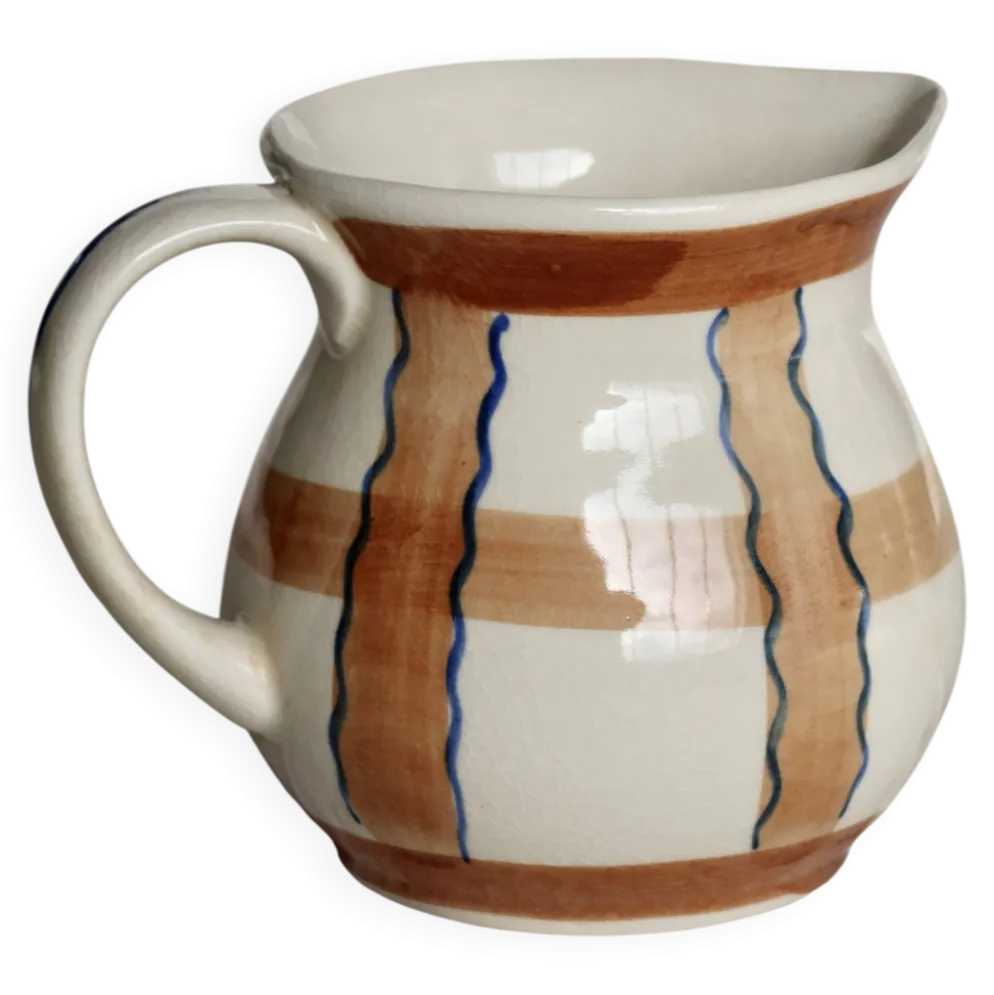 Pichet vintage en céramique émaillée beige et marron peint à la main – Déco