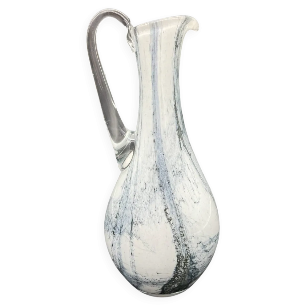Pichet vintage en verre soufflé blanc et gris, style Murano