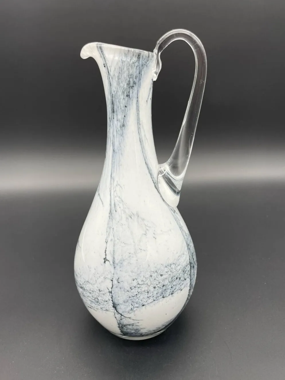 Pichet vintage en verre soufflé blanc et gris, style Murano