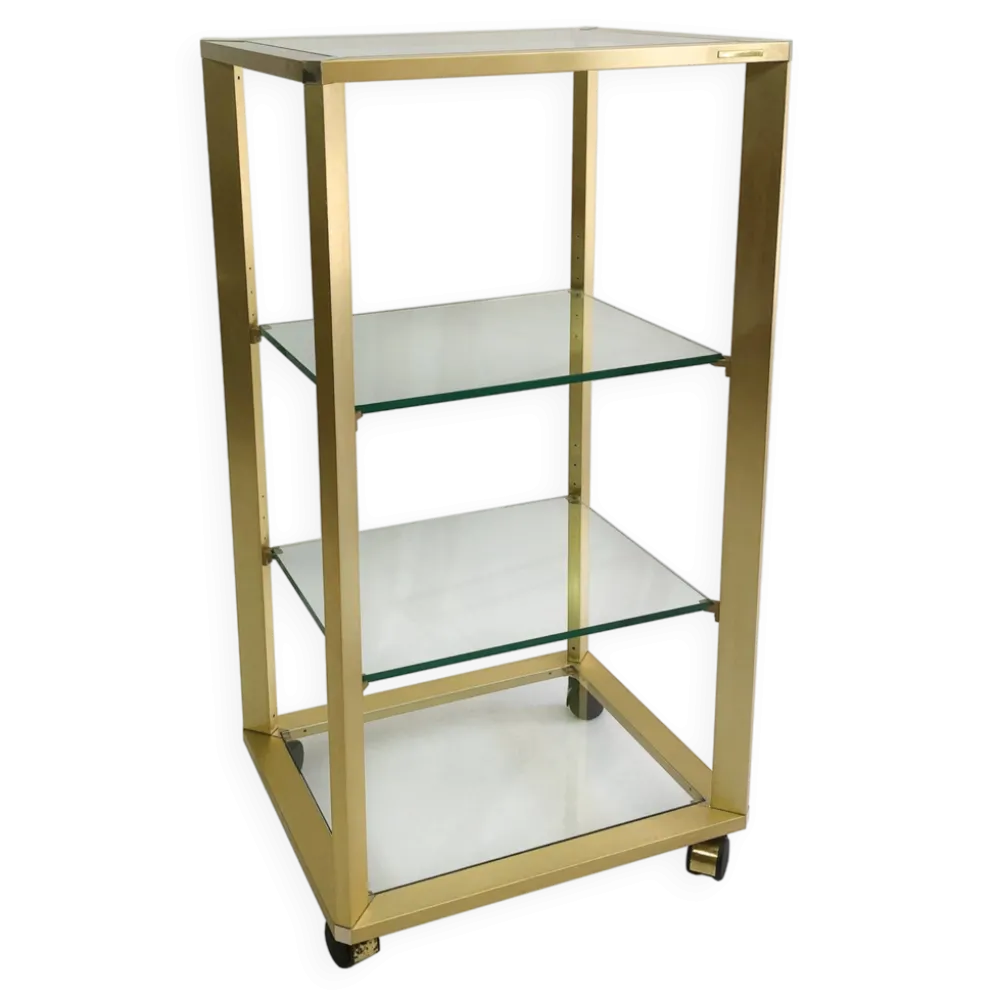 Pierre Vandel Étagère dorée sur roulettes Années 1970 Mid Century Hollywood Regency Shelving