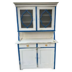 Placard de cuisine vintage bleu et blanc en bois peint et verre, 1930s, double partie
