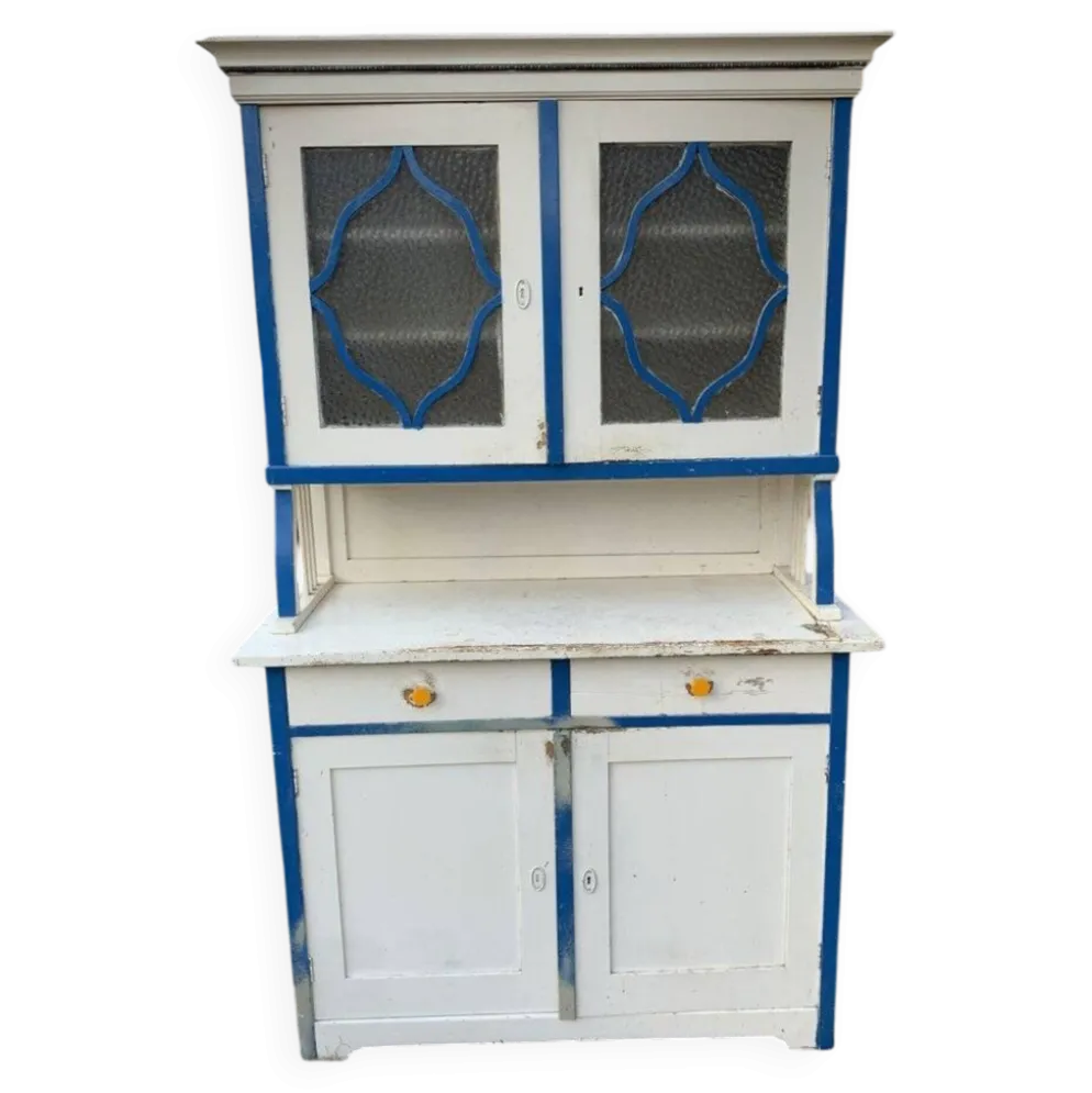 Placard de cuisine vintage bleu et blanc en bois peint et verre, 1930s, double partie