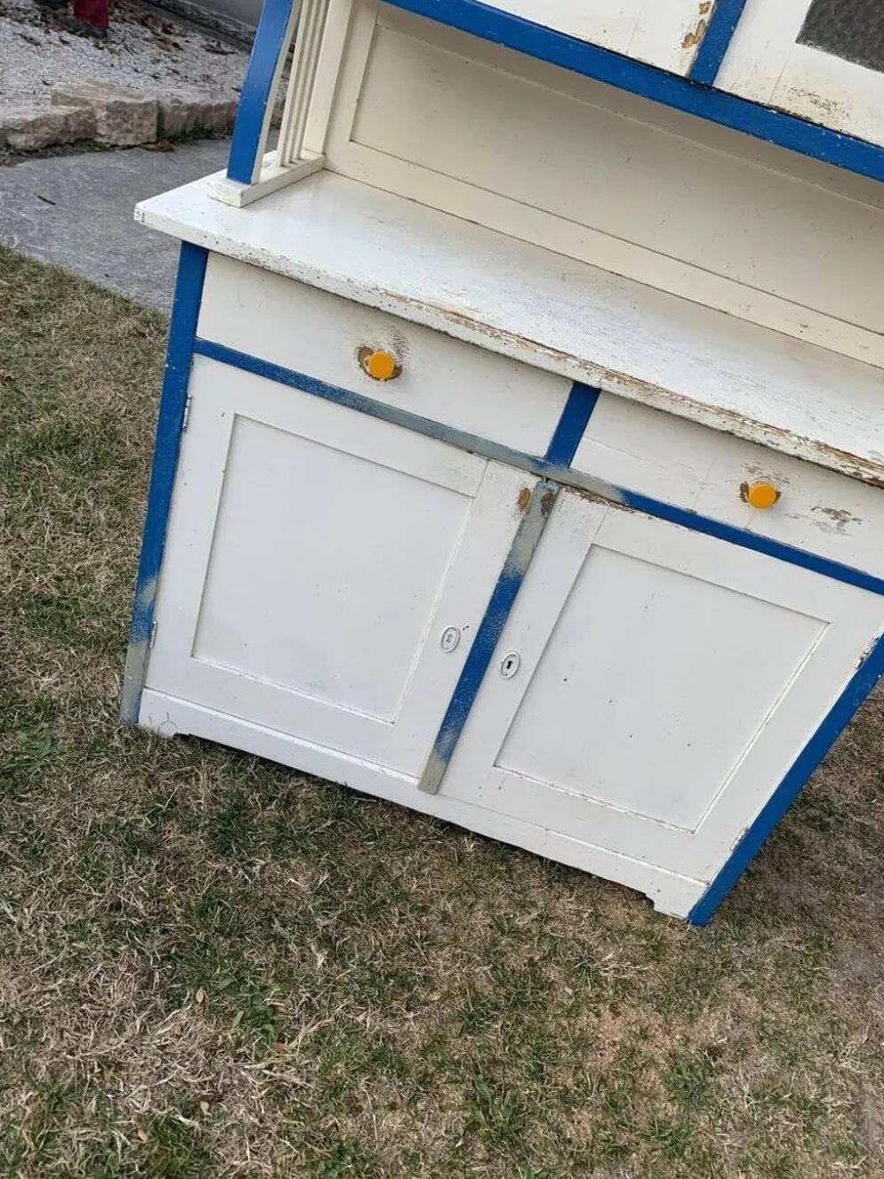 Placard de cuisine vintage bleu et blanc en bois peint et verre, 1930s, double partie