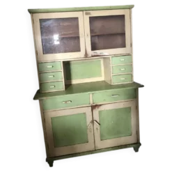 Placard de cuisine vintage en bois peint vert et beige, portes vitrées - années 1930