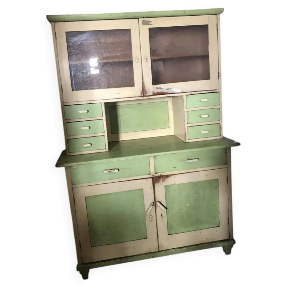 Placard de cuisine vintage en bois peint vert et beige, portes vitrées - années 1930