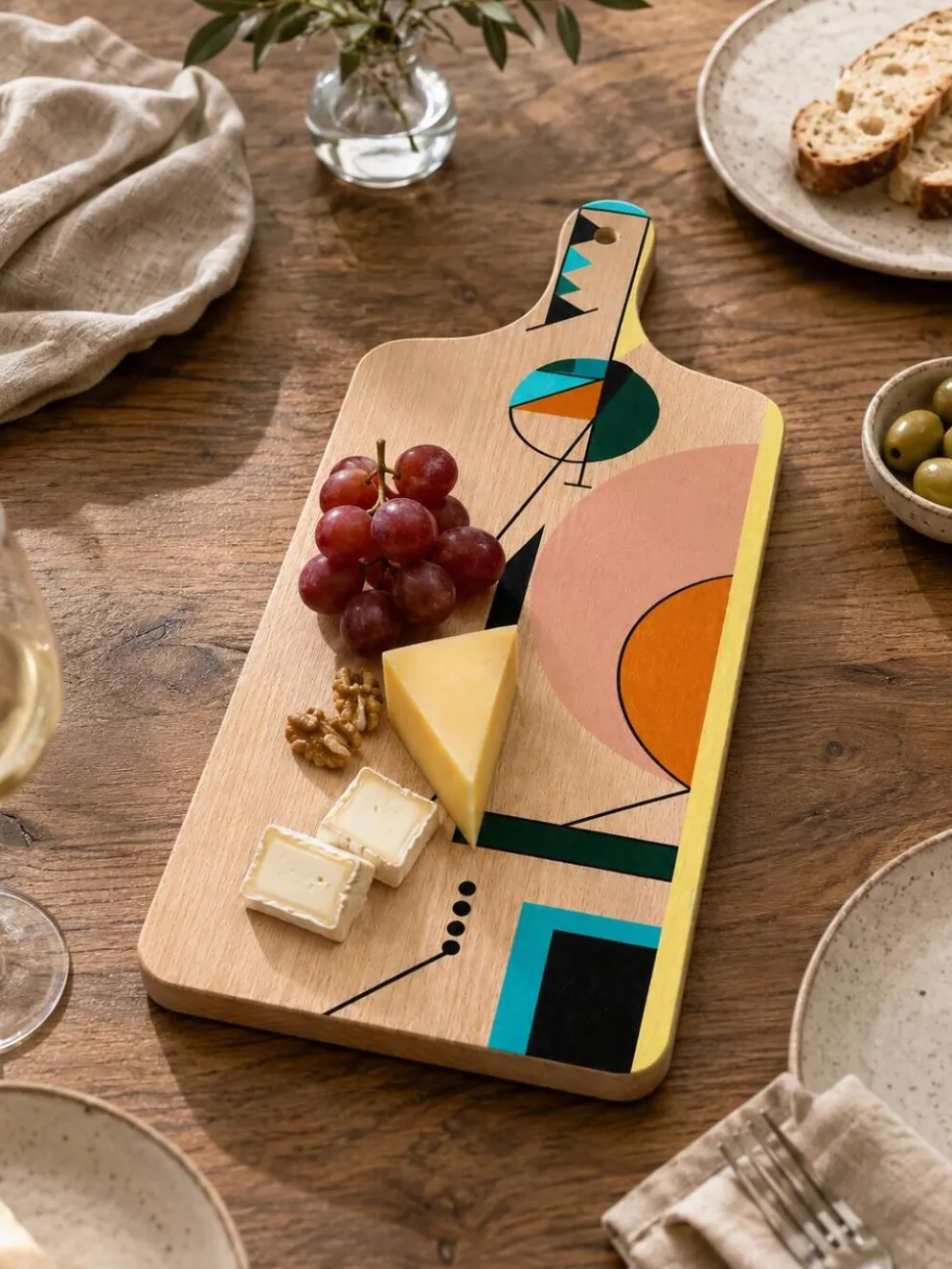 Planche de service en résine faite à la main, planche à fromage géométrique, charcuterie en bois et résine