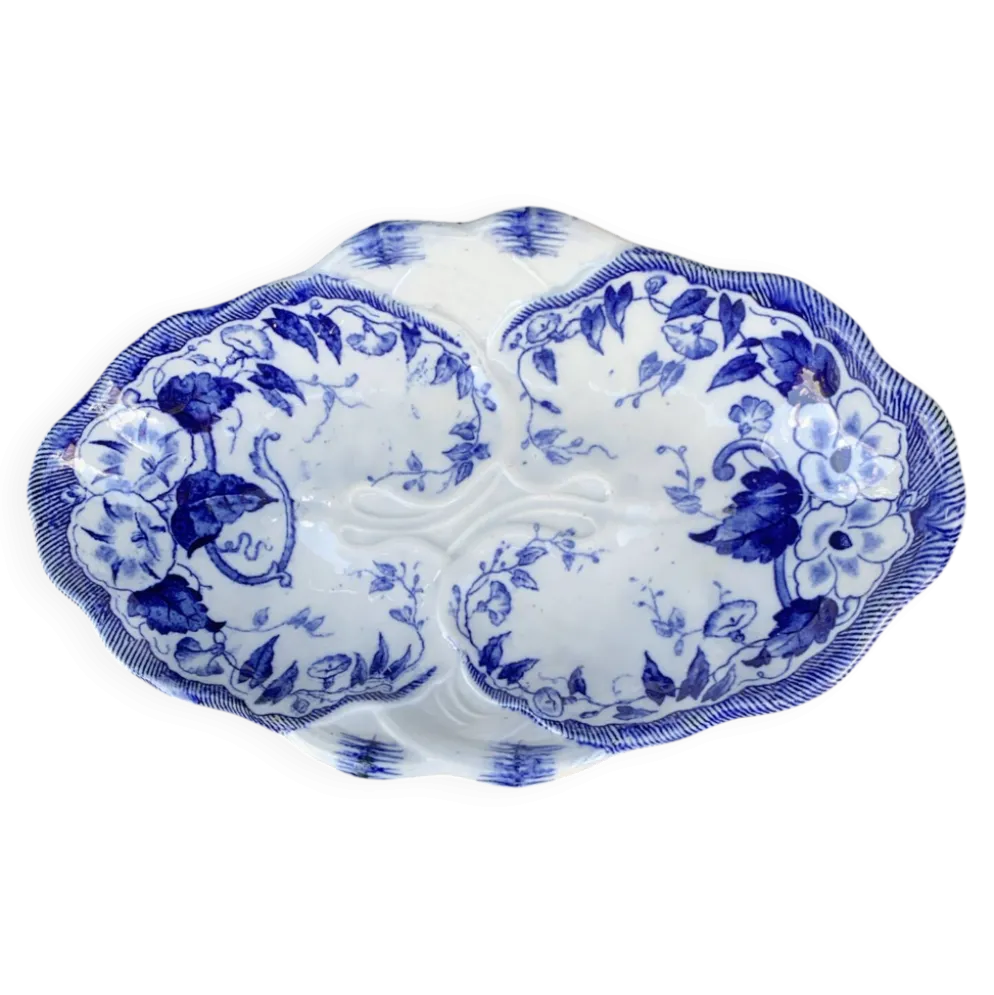 Plat ancien faïence creil et montereau — modèle flora bleu (fin xixe)