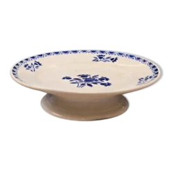 Plat ancien sur pied – décor floral bleu – St Amandinoise