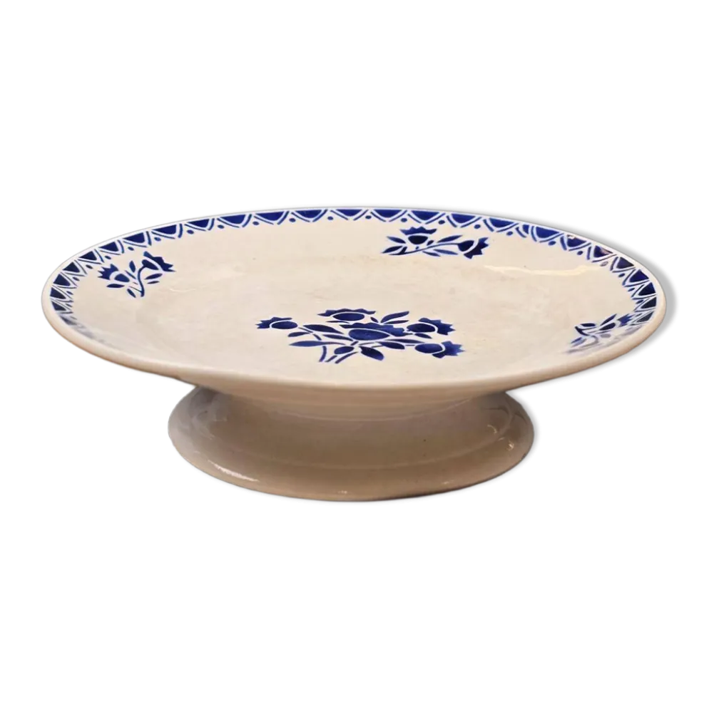 Plat ancien sur pied – décor floral bleu – St Amandinoise