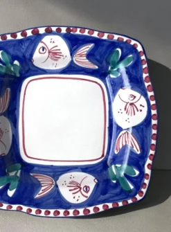 Plat carré vintage en majolique SOLIMENE Vietri, poissons, années 1970-80