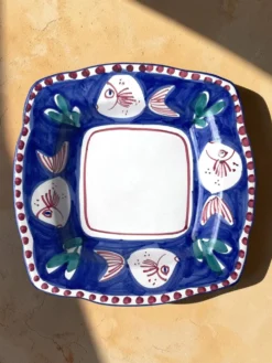 Plat carré vintage en majolique SOLIMENE Vietri, poissons, années 1970-80