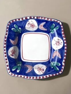 Plat carré vintage en majolique SOLIMENE Vietri, poissons, années 1970-80