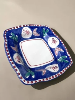 Plat carré vintage en majolique SOLIMENE Vietri, poissons, années 1970-80