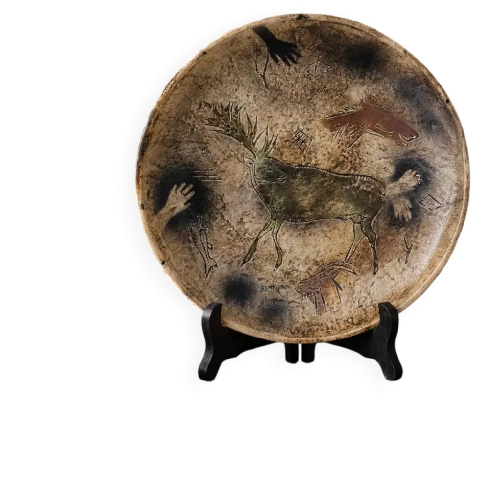 Plat décoratif vintage signé armen – céramique décor pariétal lascaux – années 60/70