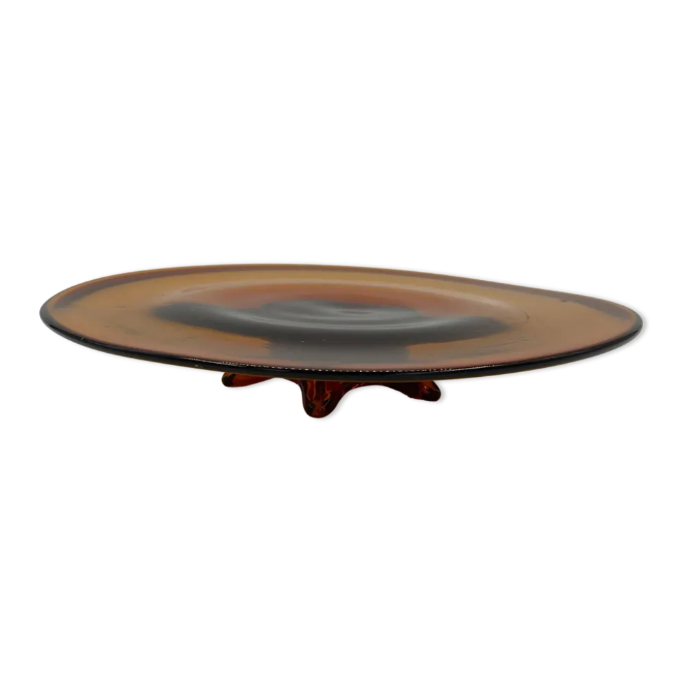 Plat de centre de table vintage en verre ambré sur pied