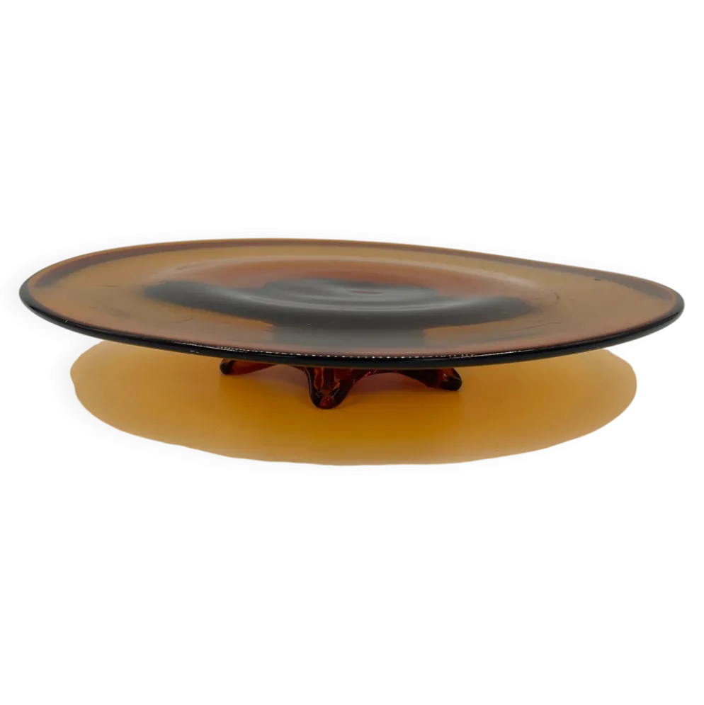 Plat de centre de table vintage en verre ambré sur pied