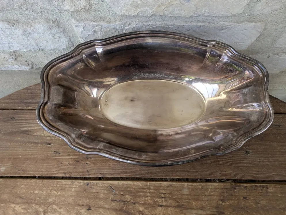 Plat de service creux / corbeille en métal argenté Ercuis 31x19cm 650g
