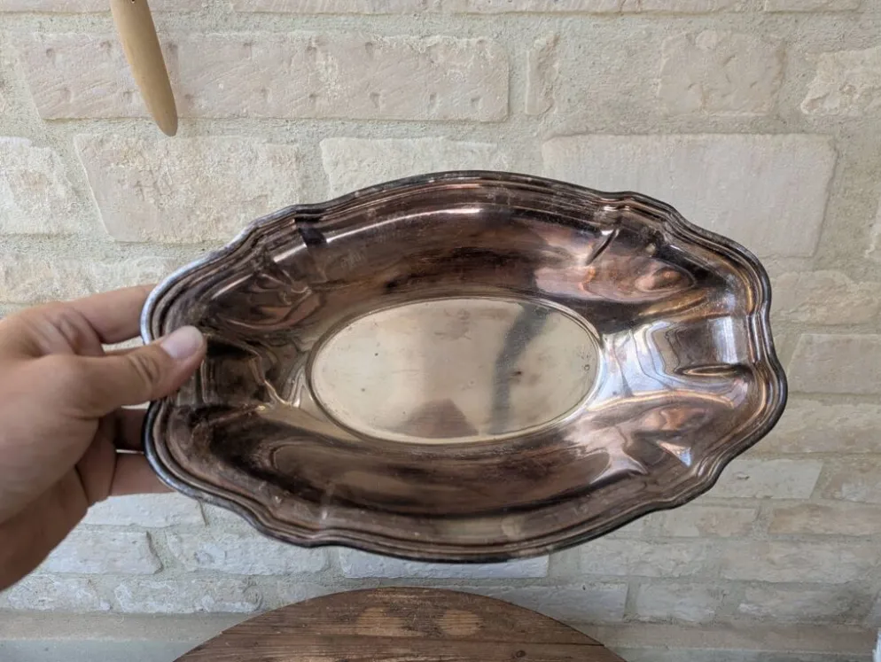Plat de service creux / corbeille en métal argenté Ercuis 31x19cm 650g