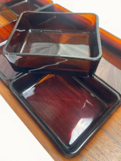 Plateau apéritif service Vereco — verre ambré fumé — France années 70