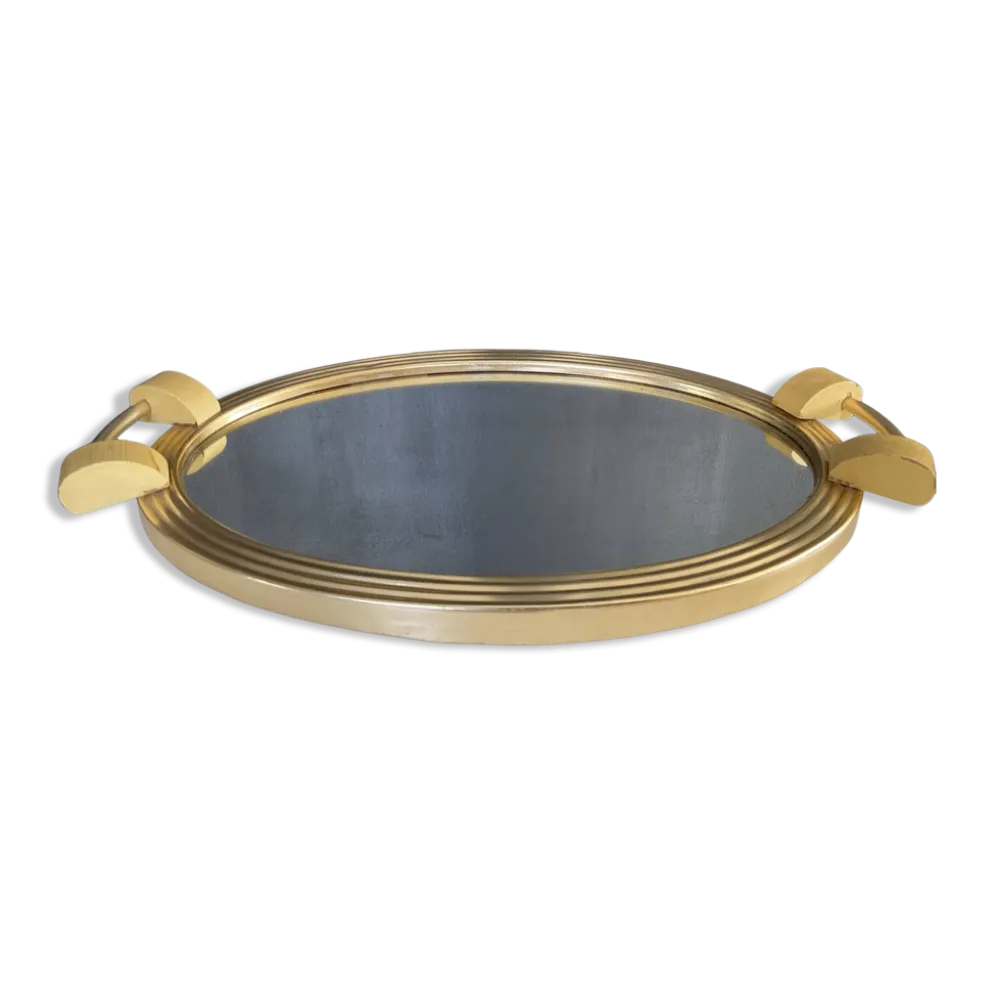 Plateau Art déco en aluminium doré bois et miroir