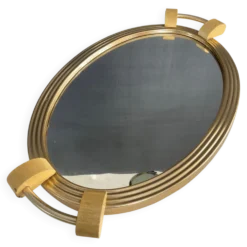 Plateau Art déco en aluminium doré bois et miroir