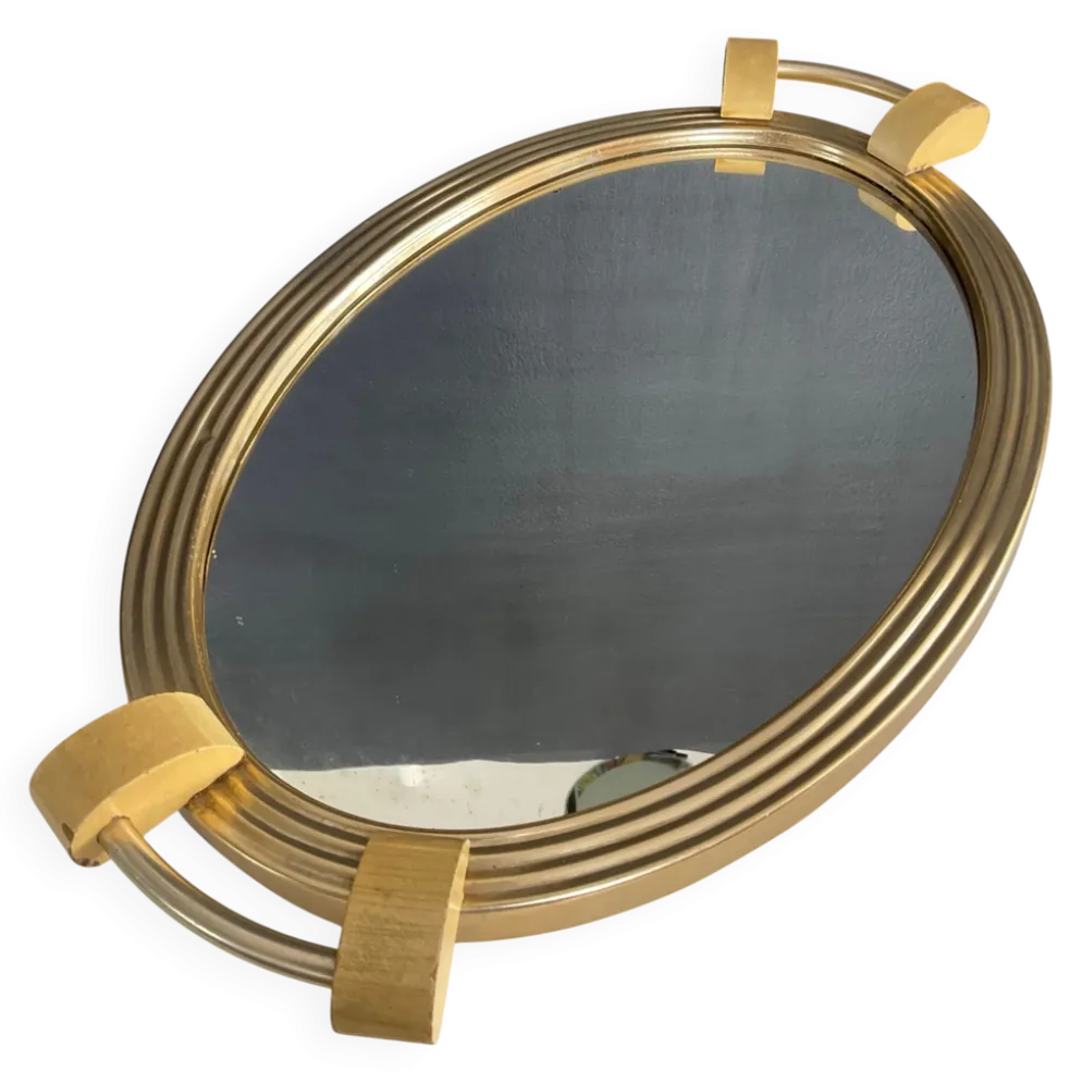 Plateau Art déco en aluminium doré bois et miroir