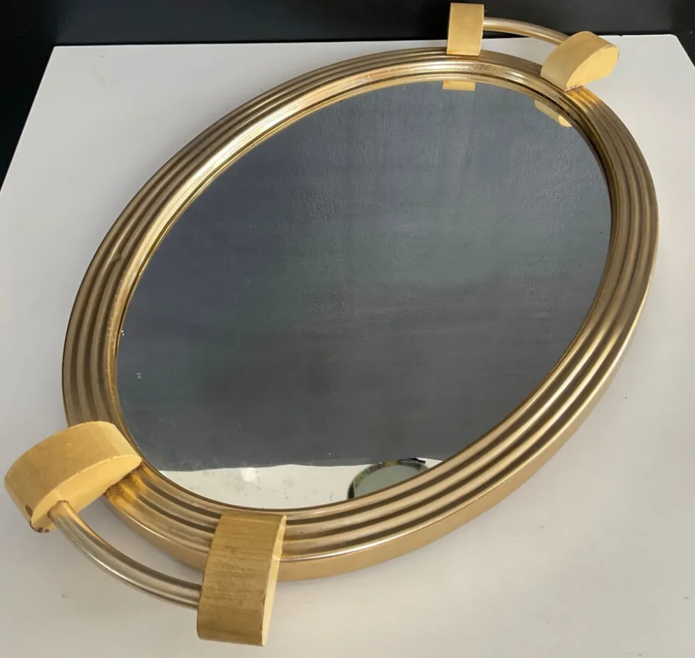 Plateau Art déco en aluminium doré bois et miroir
