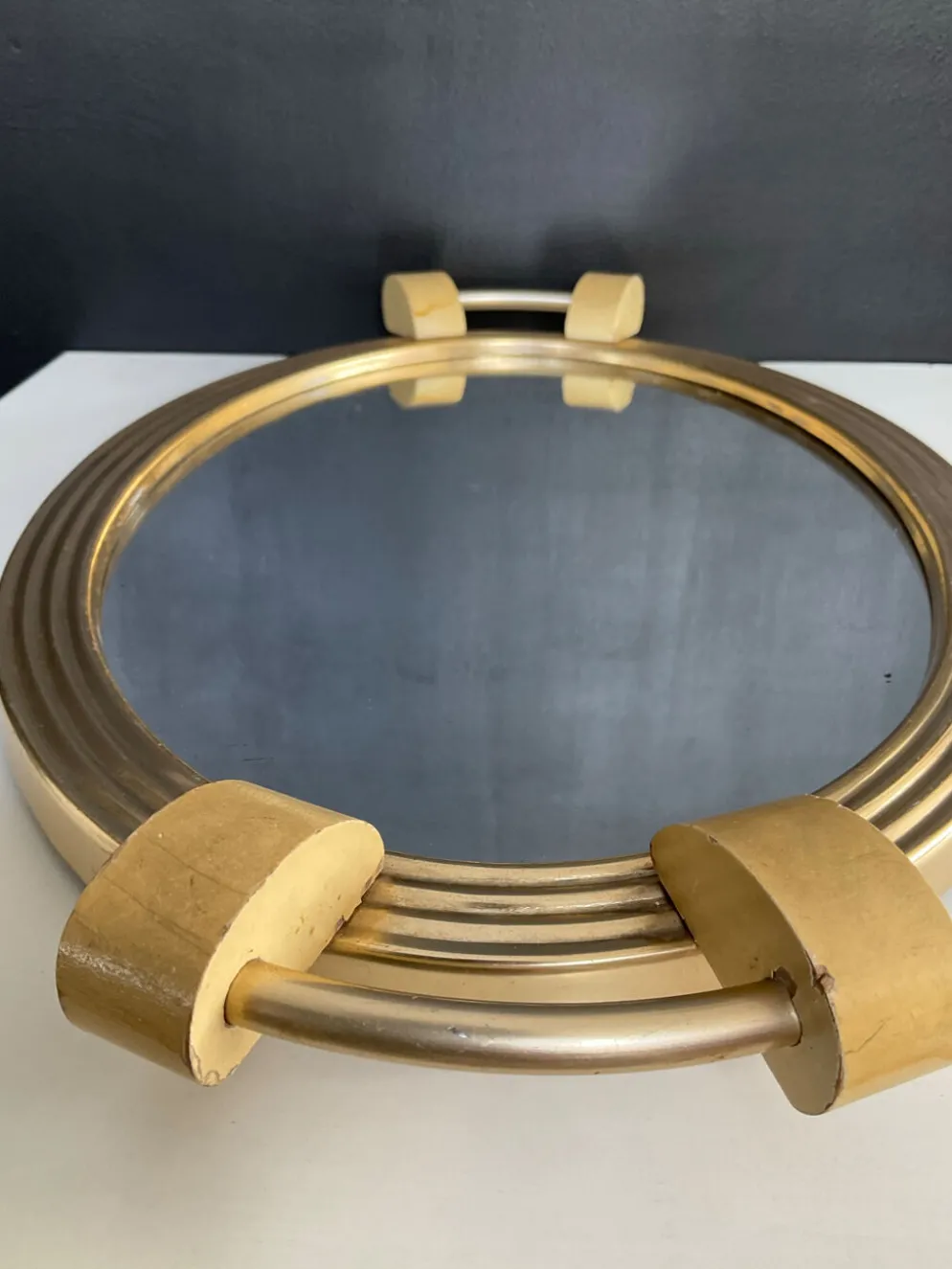 Plateau Art déco en aluminium doré bois et miroir