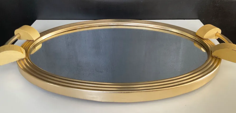 Plateau Art déco en aluminium doré bois et miroir