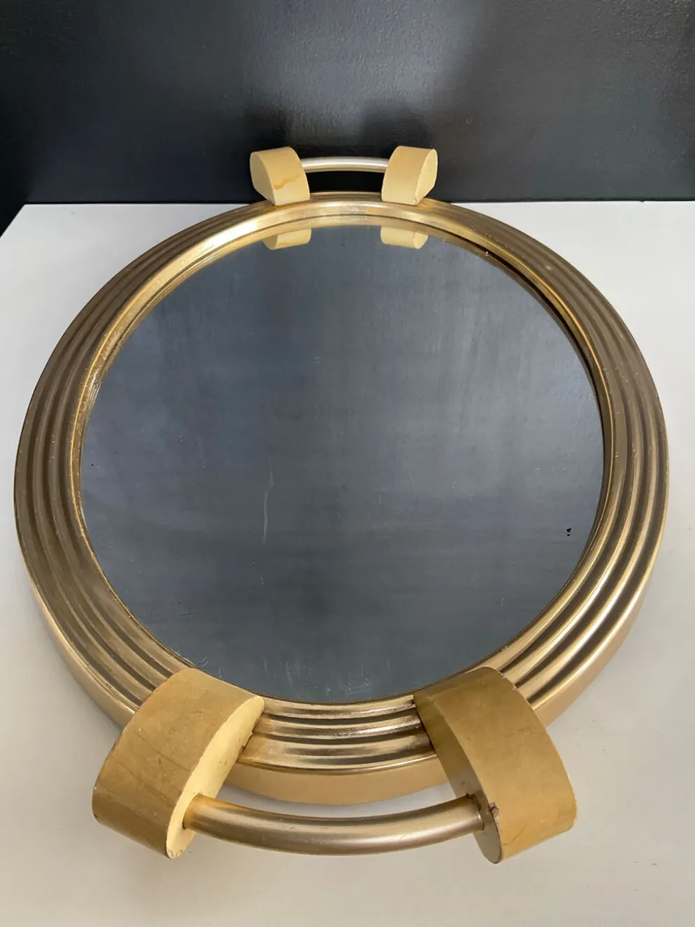 Plateau Art déco en aluminium doré bois et miroir