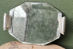 Plateau art déco en miroir biseauté, poignées chromées