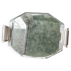 Plateau art déco en miroir biseauté, poignées chromées