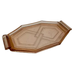 Plateau art déco en verre rose avec poignée