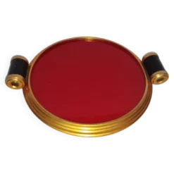 Plateau Art déco en verre rouge et laiton – poignées bakélite, vers 1930