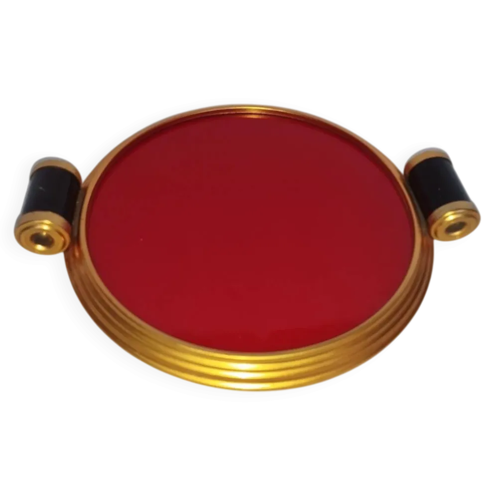 Plateau Art déco en verre rouge et laiton – poignées bakélite, vers 1930