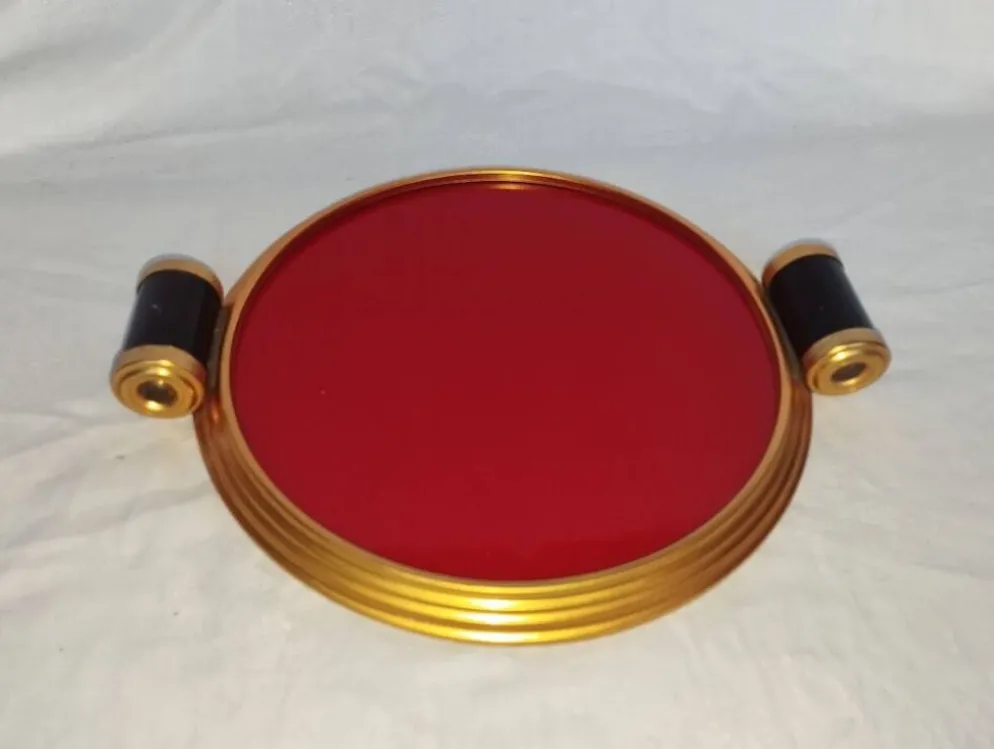 Plateau Art déco en verre rouge et laiton – poignées bakélite, vers 1930