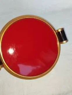 Plateau Art déco en verre rouge et laiton – poignées bakélite, vers 1930