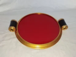 Plateau Art déco en verre rouge et laiton – poignées bakélite, vers 1930