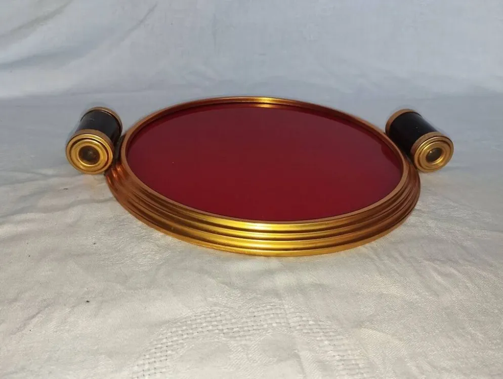 Plateau Art déco en verre rouge et laiton – poignées bakélite, vers 1930
