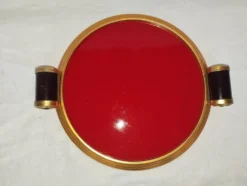 Plateau Art déco en verre rouge et laiton – poignées bakélite, vers 1930