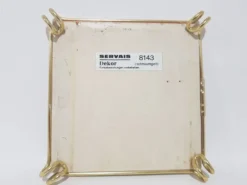 Plateau décoratif, orange, bleu et or ; céramique et laiton ; Belgique, années 1970.