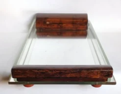 Plateau de courtoisie miroir, verre & bois exotique Art déco. Années 30