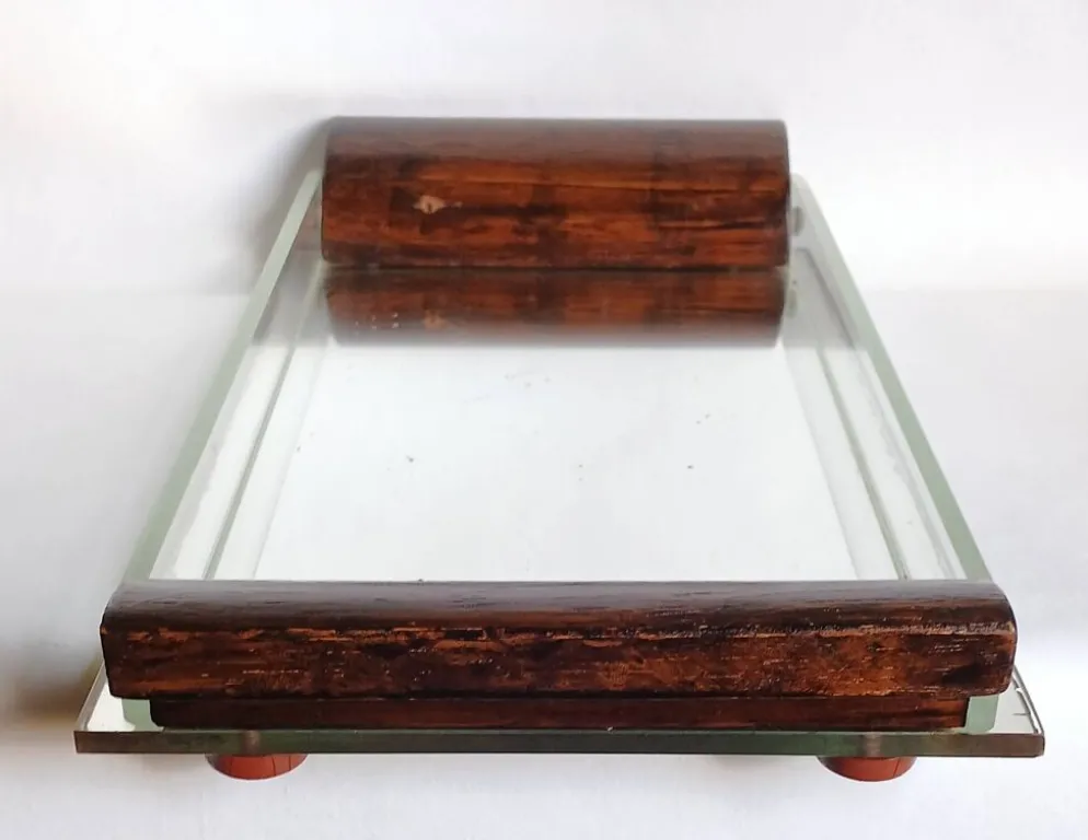 Plateau de courtoisie miroir, verre & bois exotique Art déco. Années 30