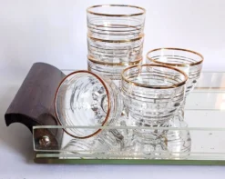 Plateau de courtoisie miroir, verre & bois exotique Art déco. Années 30