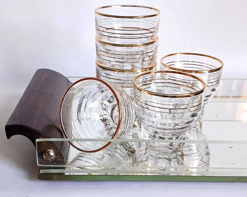 Plateau de courtoisie miroir, verre & bois exotique Art déco. Années 30