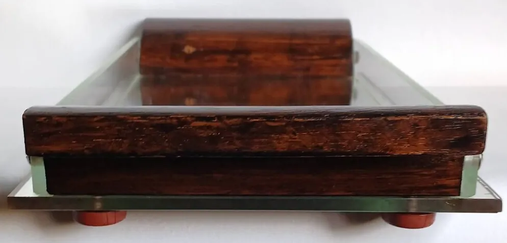Plateau de courtoisie miroir, verre & bois exotique Art déco. Années 30