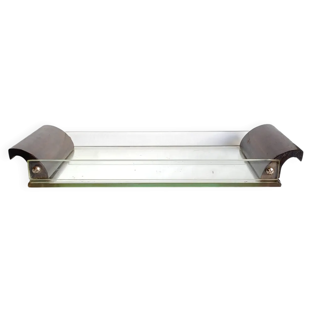 Plateau de courtoisie miroir, verre & bois exotique Art déco. Années 30