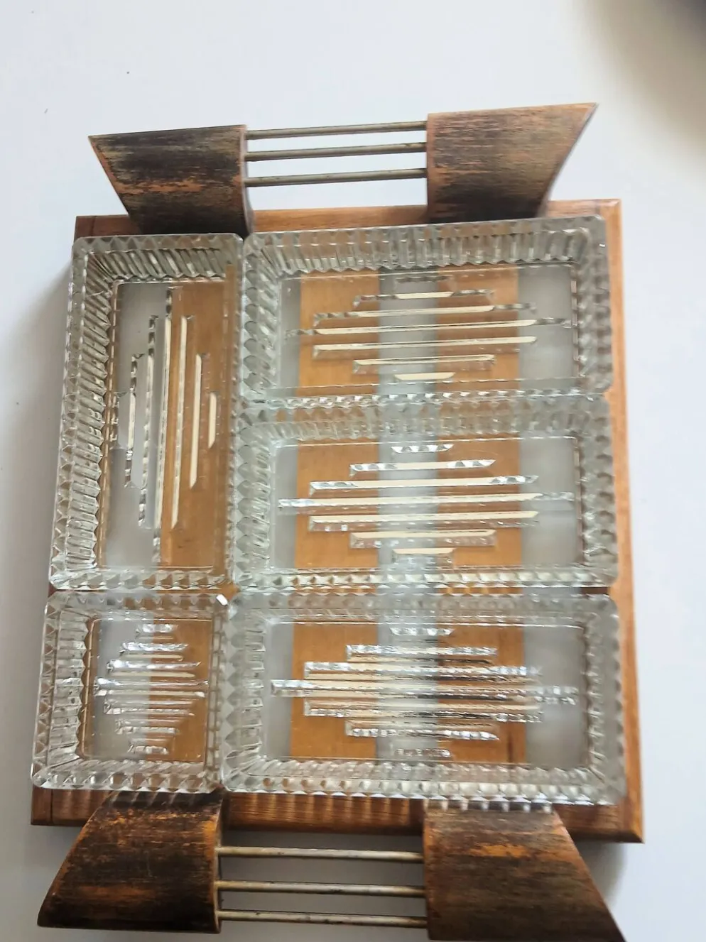 Plateau de service apéritif compartimenté en bois et verre vintage art déco
