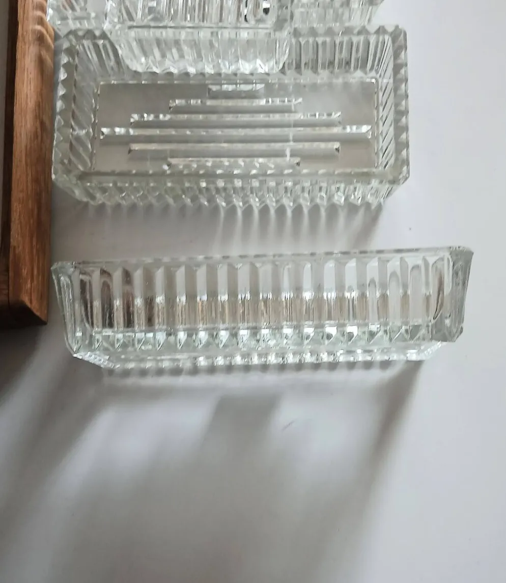 Plateau de service apéritif compartimenté en bois et verre vintage art déco