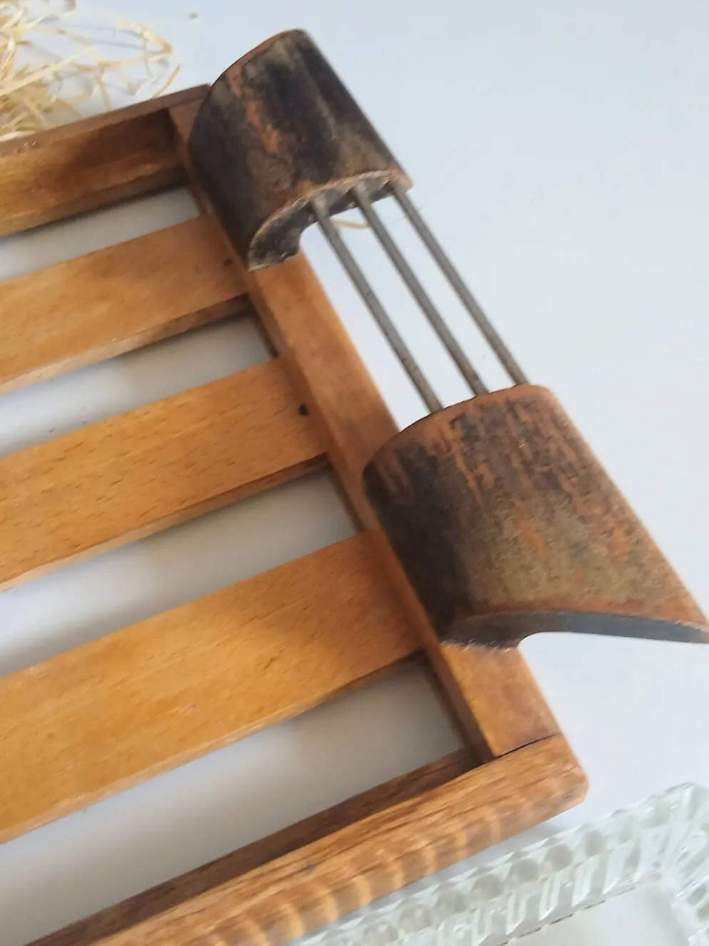 Plateau de service apéritif compartimenté en bois et verre vintage art déco
